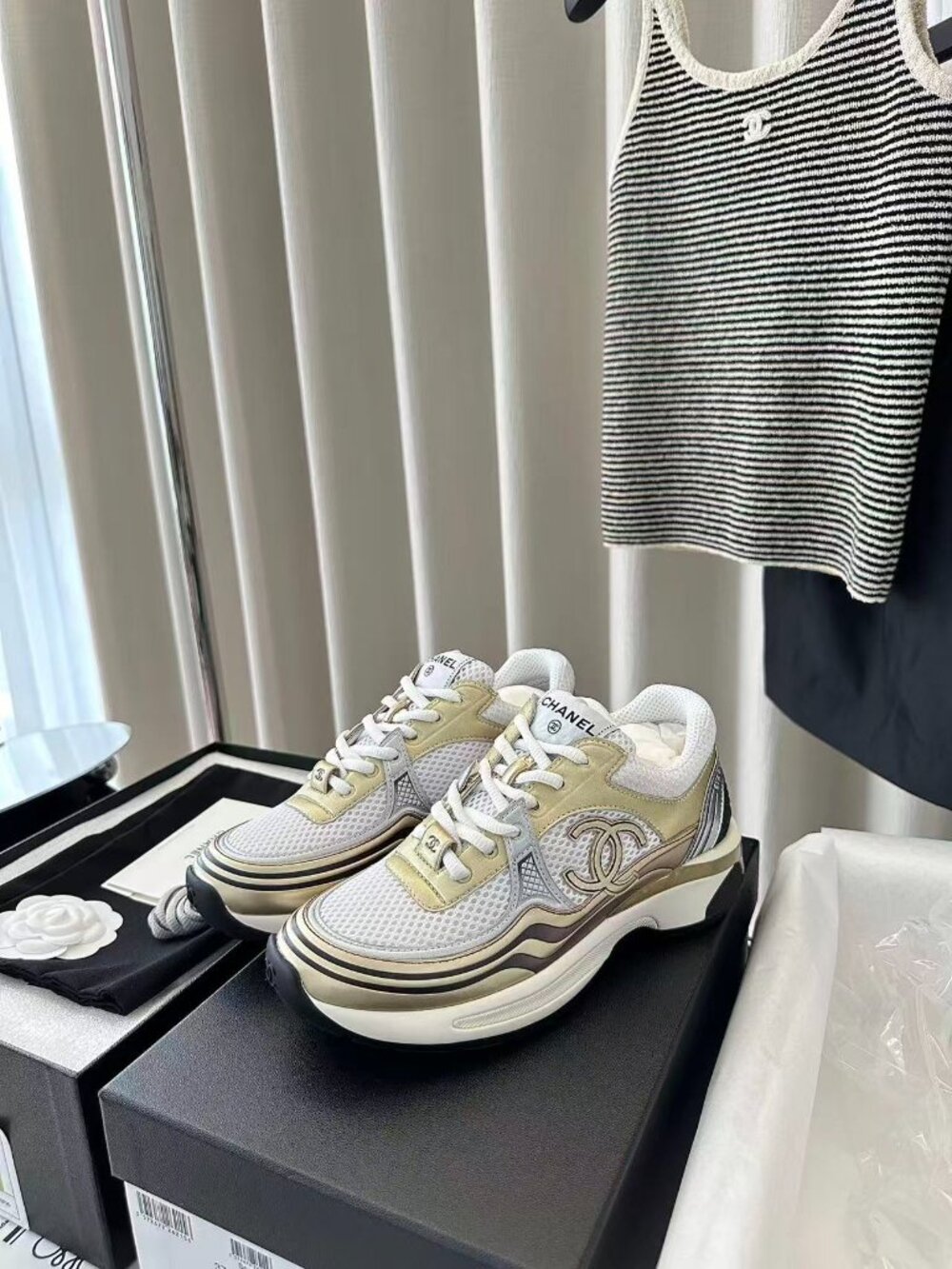 🎗️Chanel Mesh and Gold Calfskin Chunky Dad Sneakers - Picture 3 of 4